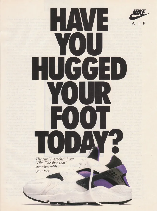 Nike Air - direct mail ad: Have you hugged your foot today? Nike trainers and logo.