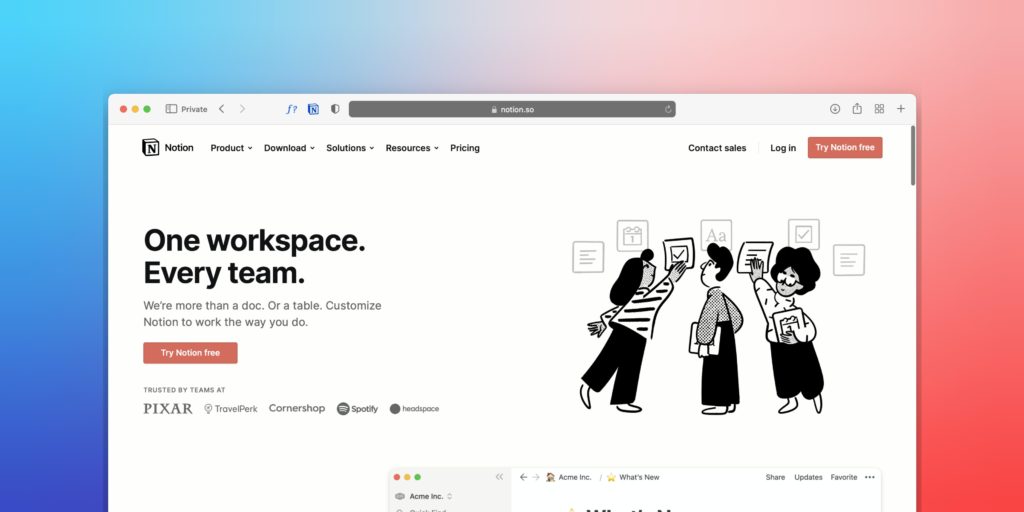 Blue and red background with Safari browser open, on Notion's homepage. States "one workspace. Every team." Cartoon people trying to organise papers on a wall. 