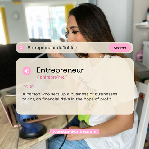Ami Writes mid-conversation smiling on a call. Opaque search bar with the dictionary definition of "entrepreneur"