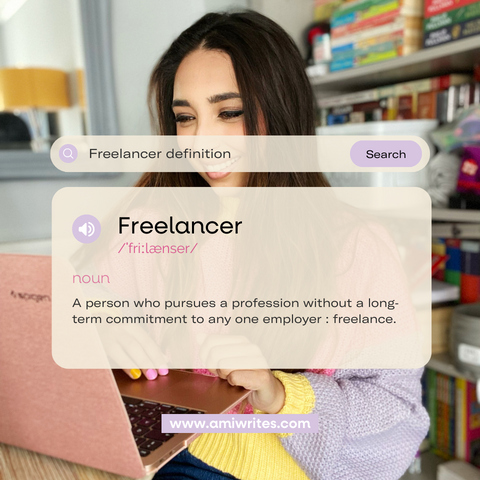 Ami Writes smiling at her laptop, mid-conversation. Opaque search bar with the dictionary definition of "freelancer"