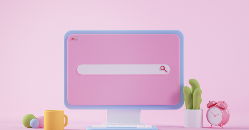 Candyfloss pink background with a purple desktop, open on a pink search bar. Surrounding is a cactus, a pink alarm clock, a yellow mug, and 3 balls (green, purple, and pink). 