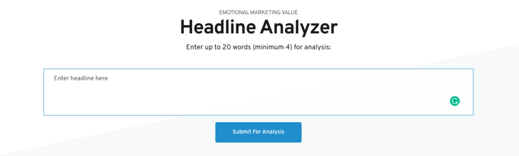 Screenshot of the Emotional Marketing Value Headline Analyzer before being used. 