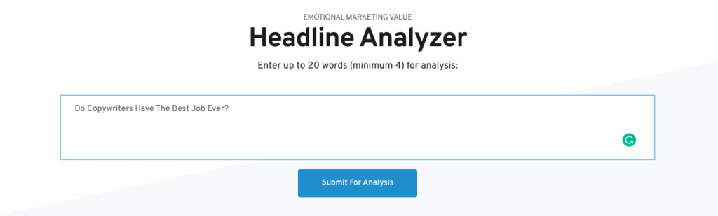 Screenshot of the Emotional Marketing Value Headline Analyzer with the title "Do Copywriters Have The Best Job Ever?" put in for analysis.