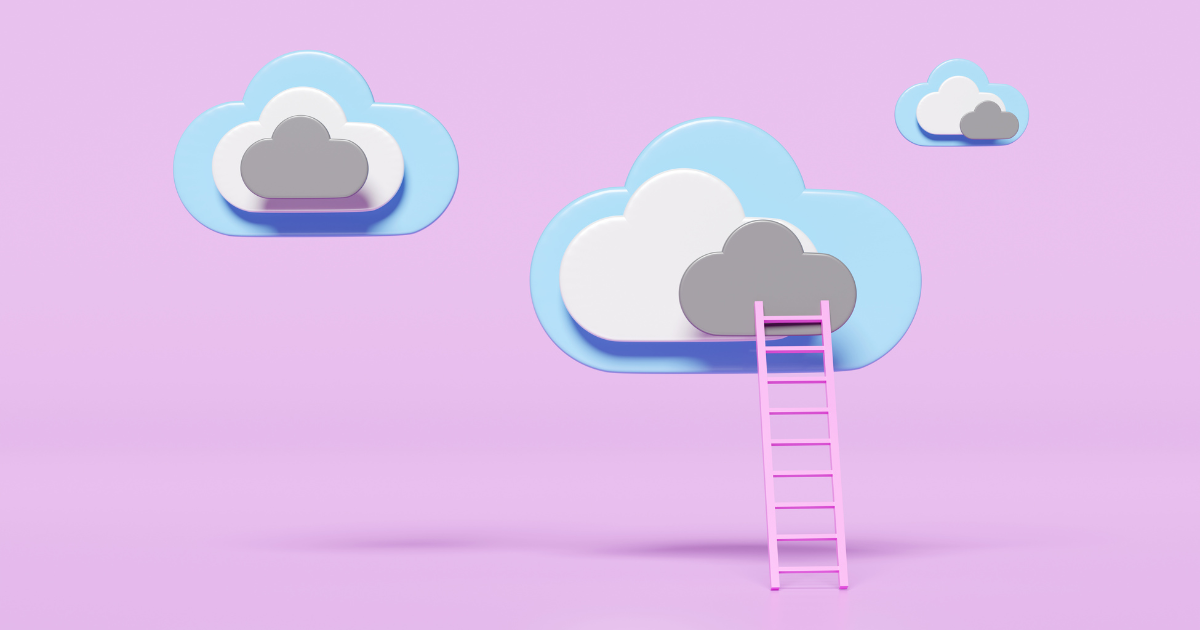 Purple background with a pink ladder leading to a blue, white, and grey cloud. 2 smaller clouds on either side.