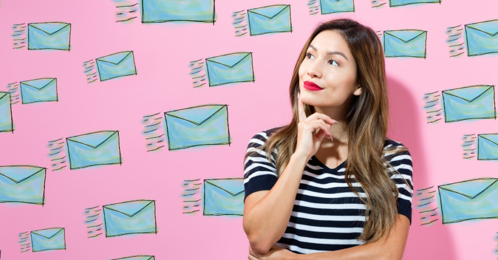 Woman in a black and white striped top standing in front of a pink background with blue email icons. 