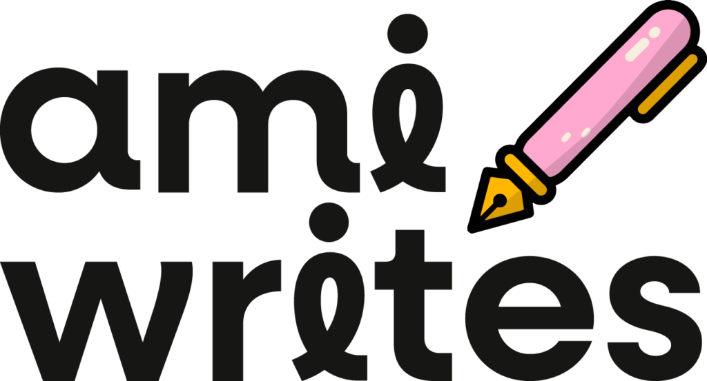Ami Writes logo, pink pen.