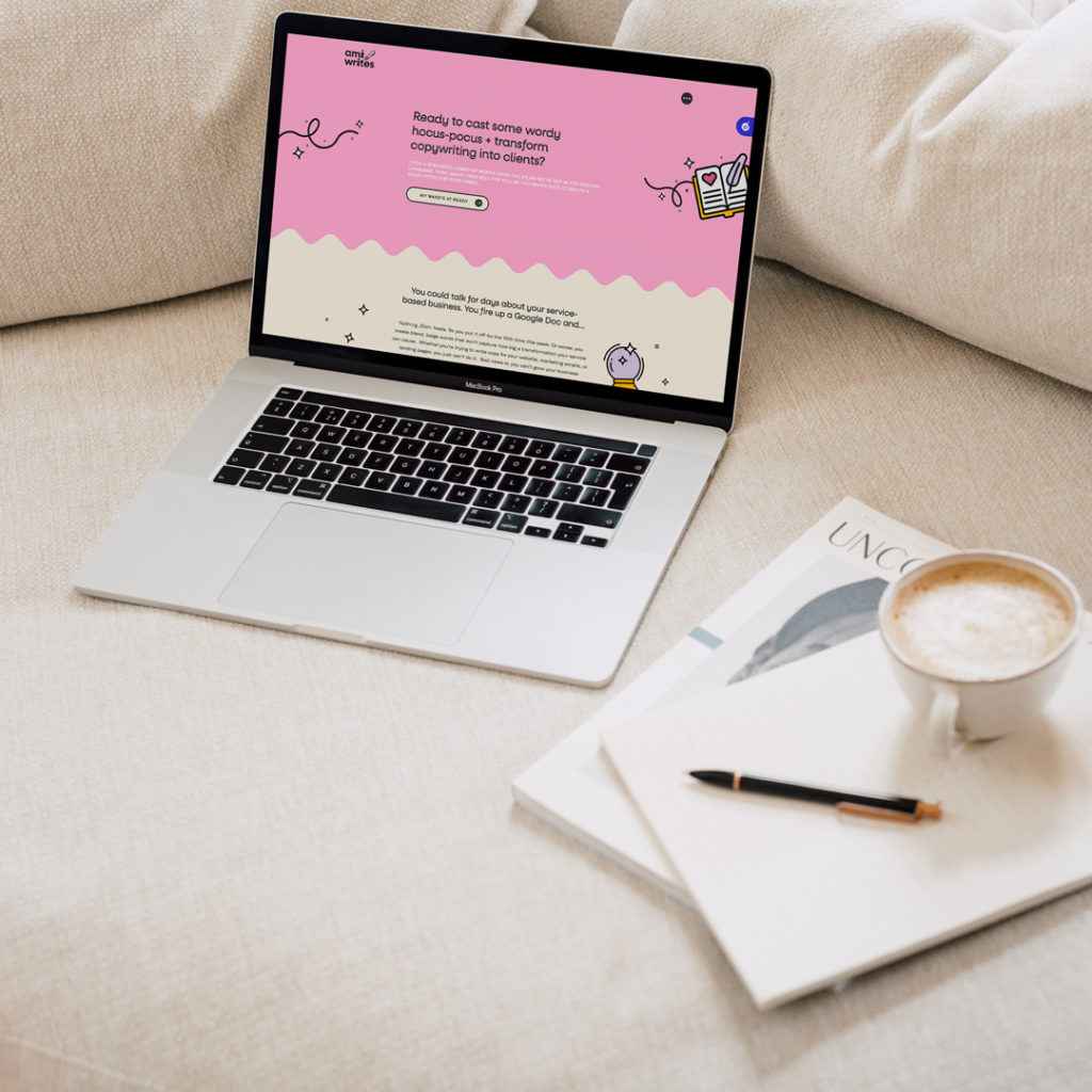 Ami Writes copywriter website on laptop with coffee next to it.