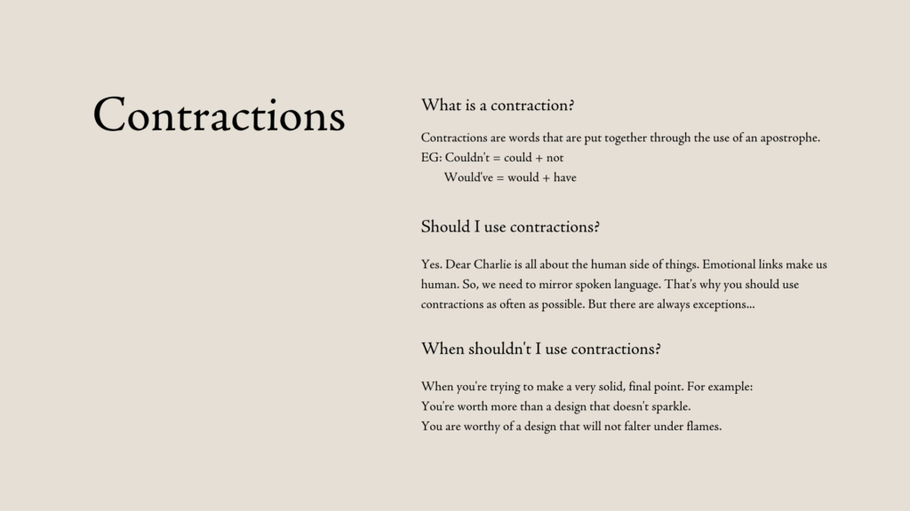 Dear Charlie Brand Summary and Style Guide - Contractions