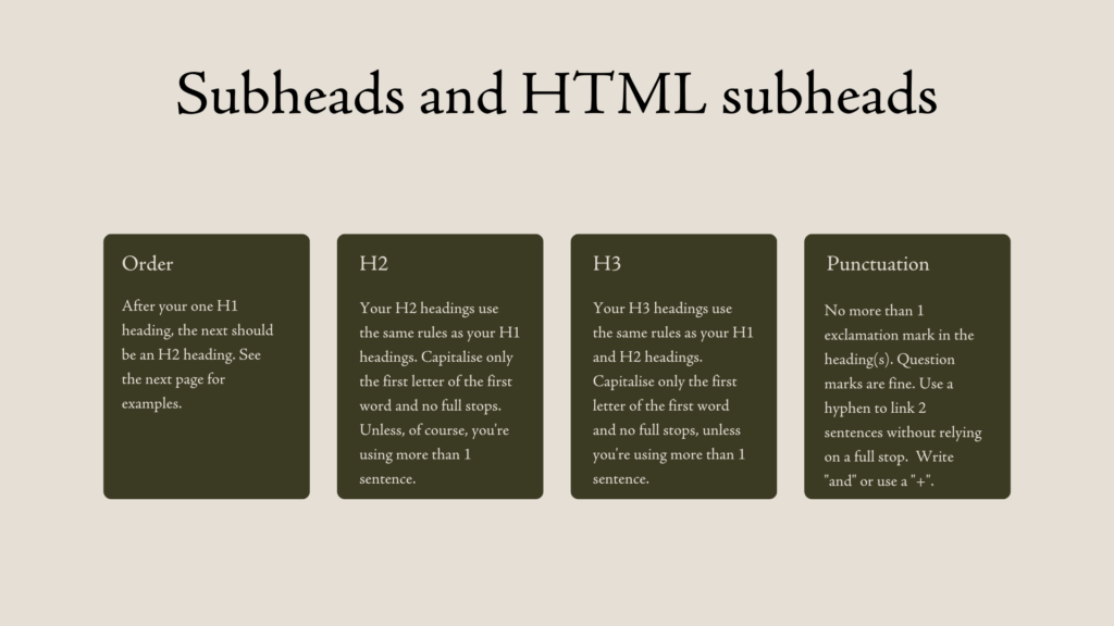 Dear Charlie Brand Summary and Style Guide - Subheads and HTML subheads