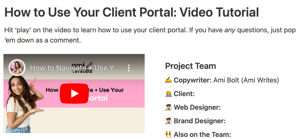 Inside Ami Writes' copywriting client portal how to use client portal video tutorial