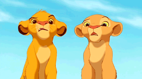 Simba and Nala from the Lion King as cubs looking at each other confused. 