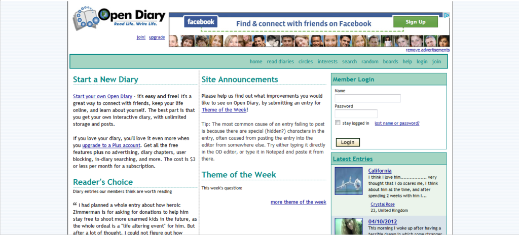 The homepage of blogging platform Open Diary in 1998.